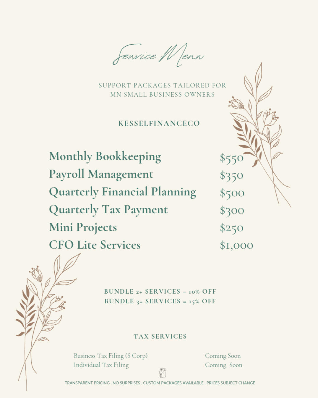 KesselFinanceCo service menu for MN small business accounting
